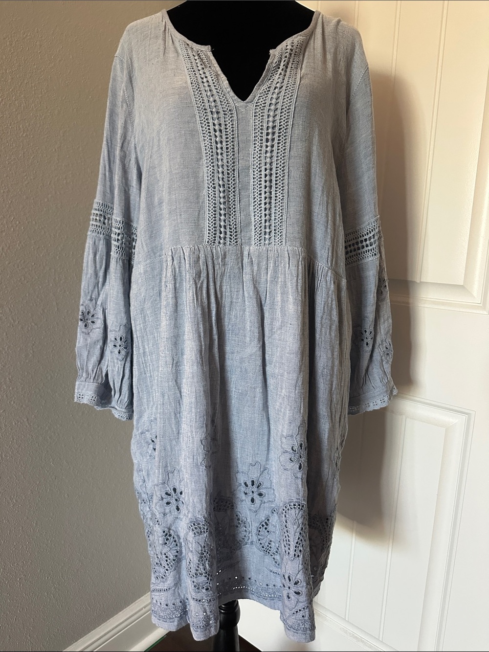 Tommy Bahama Light Blue Crochet-Trim Peasant Tunic Dress